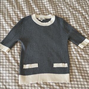 LOFT Cream and Gray Ribbed Knit Top